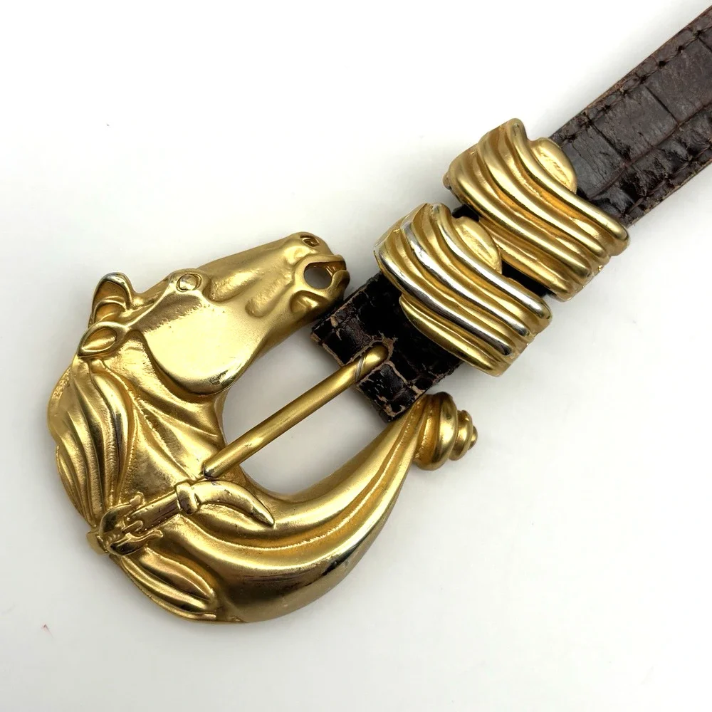 1980s Streets Ahead 32920 Brown Croc Emboss Leather Horsehead Skinny Belt L 34